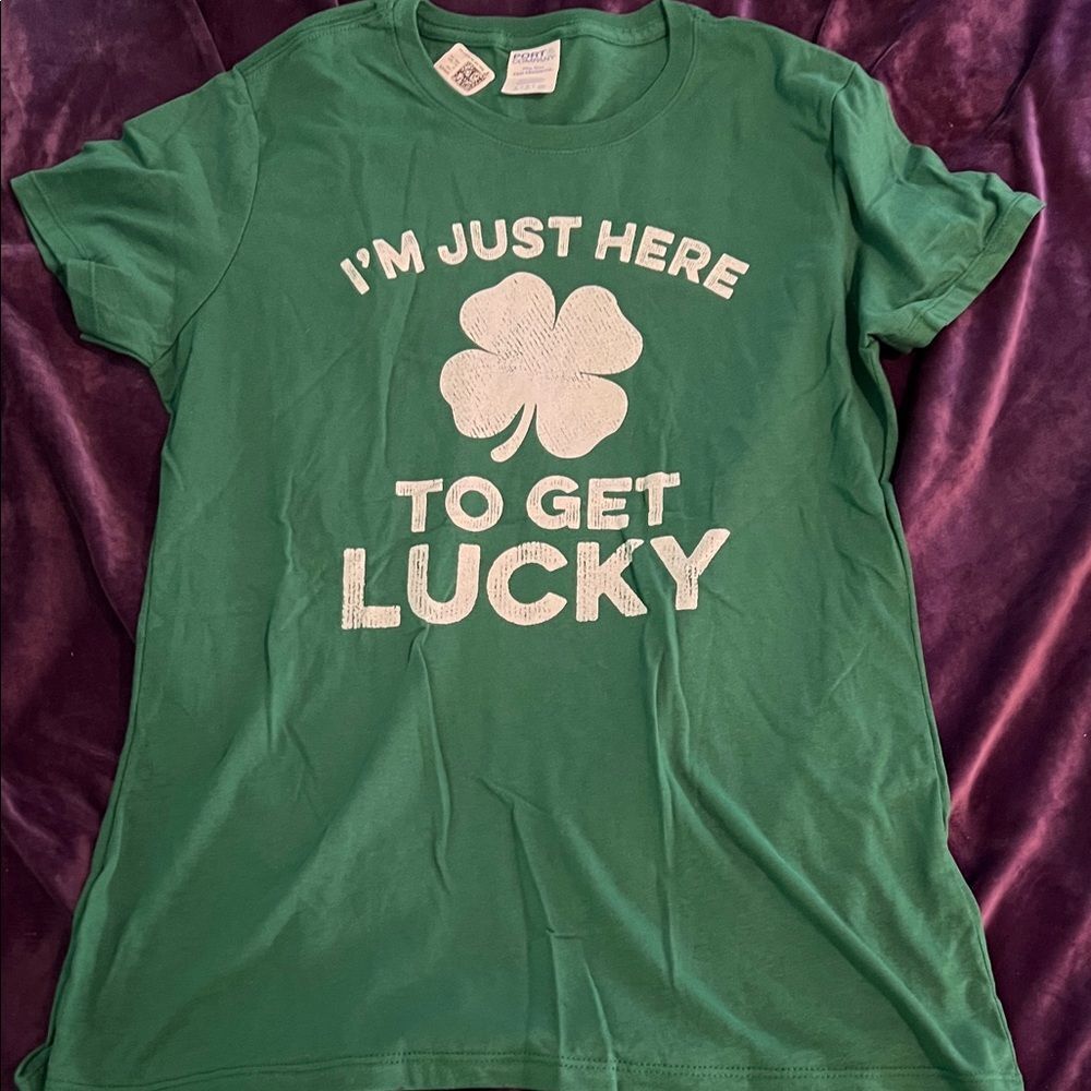 St Patrick’s Day Shamrock Clover I’m Just Here To Get Lucky Tshirt (Ladies S)